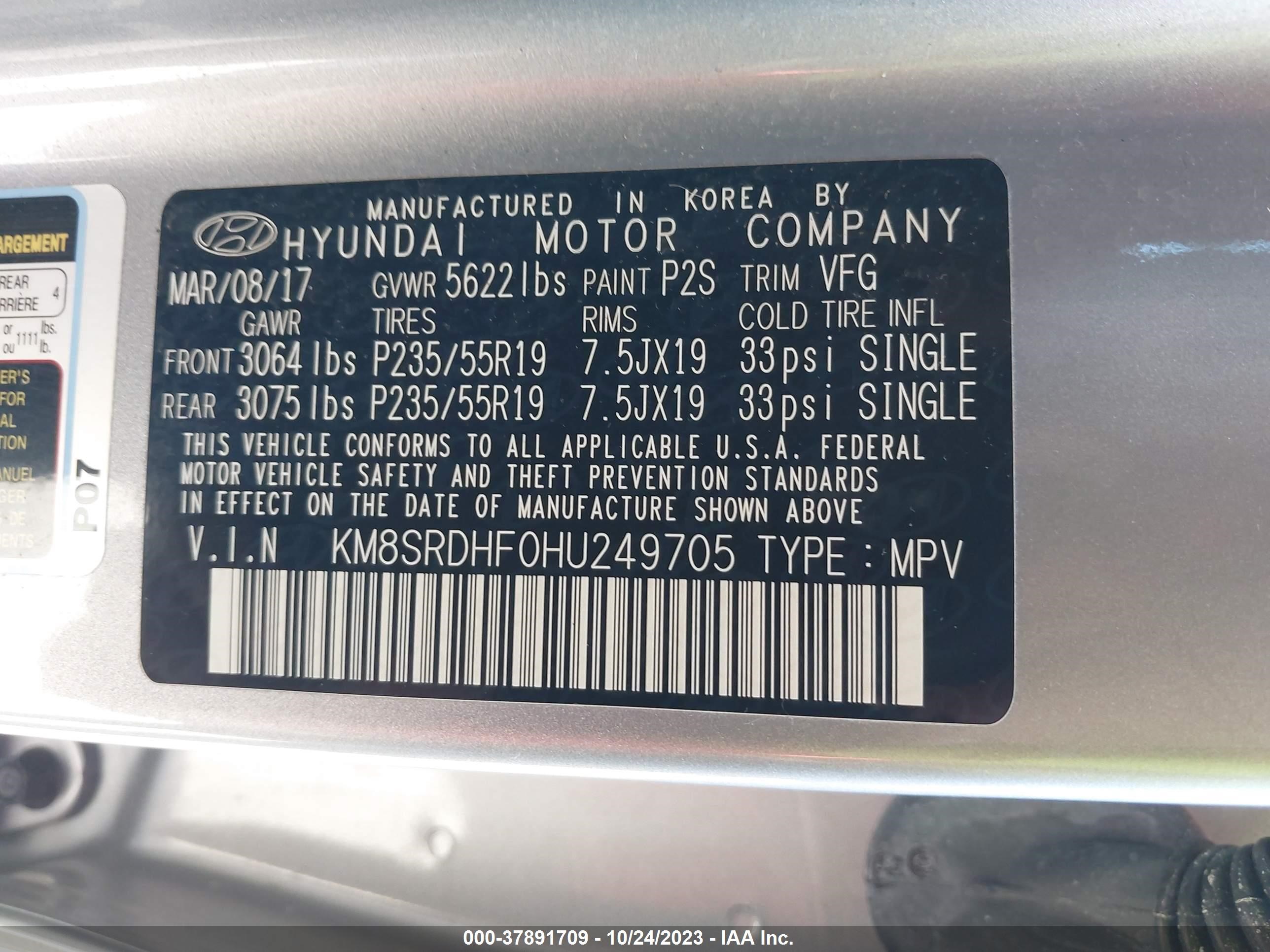 Photo 8 VIN: KM8SRDHF0HU249705 - HYUNDAI SANTA FE 