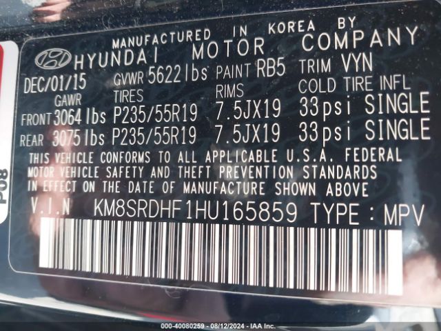 Photo 8 VIN: KM8SRDHF1HU165859 - HYUNDAI SANTA FE 