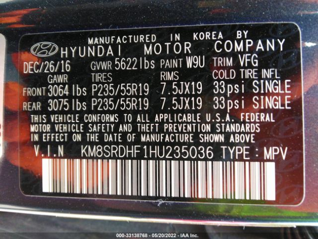 Photo 8 VIN: KM8SRDHF1HU235036 - HYUNDAI SANTA FE 