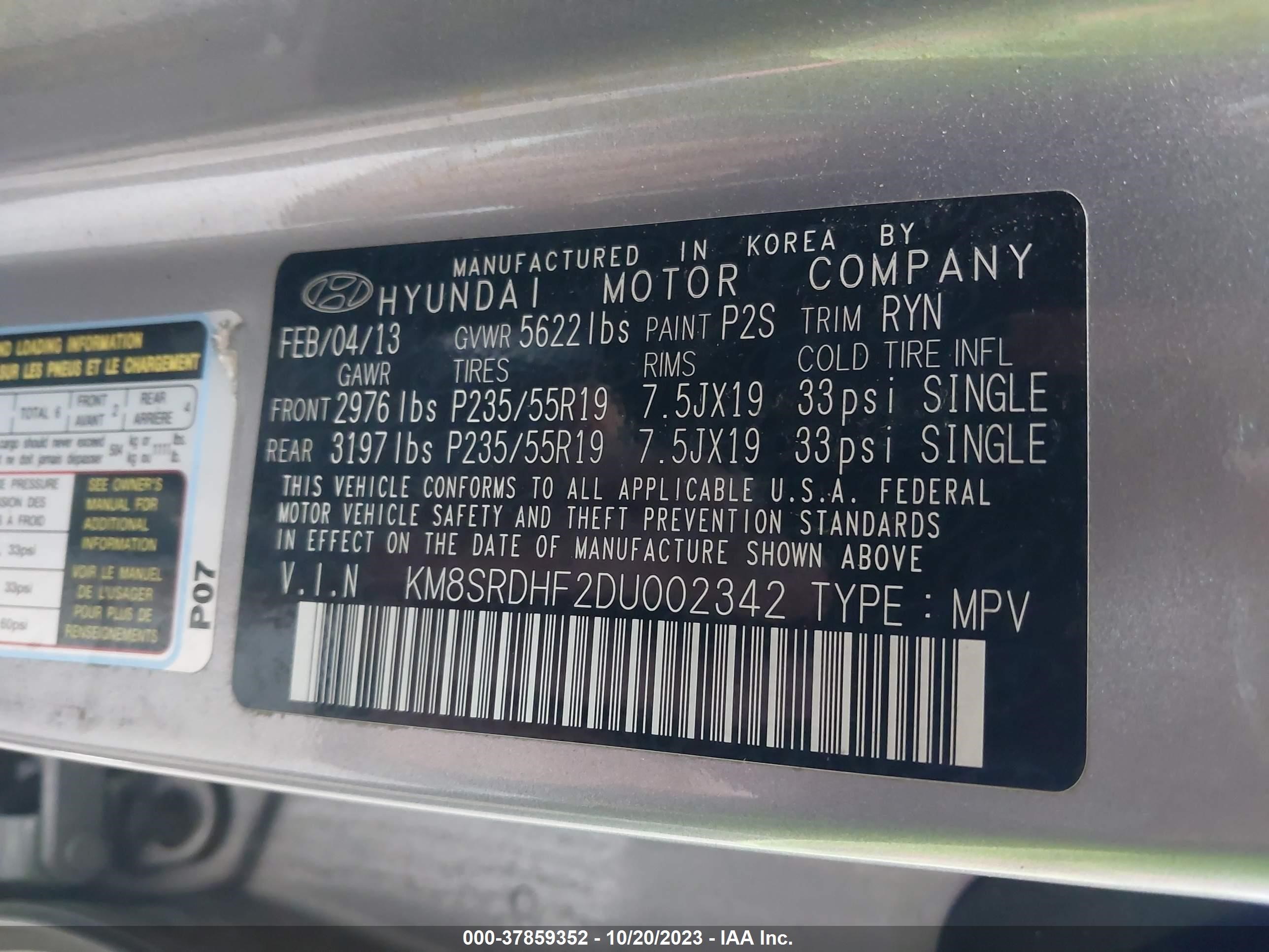 Photo 8 VIN: KM8SRDHF2DU002342 - HYUNDAI SANTA FE 