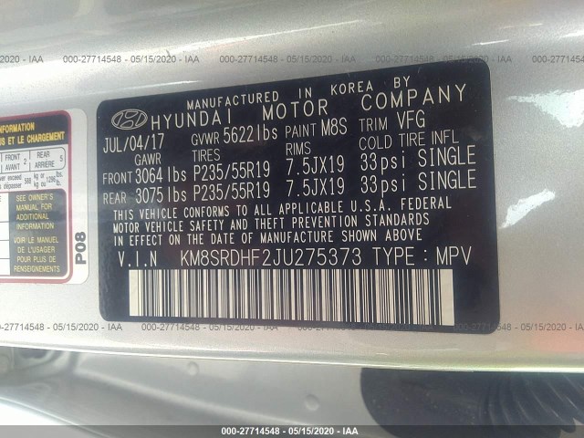 Photo 8 VIN: KM8SRDHF2JU275373 - HYUNDAI SANTA FE 