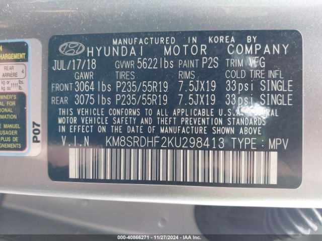 Photo 8 VIN: KM8SRDHF2KU298413 - HYUNDAI SANTA FE XL 