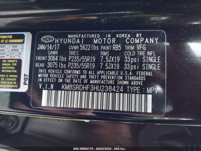 Photo 8 VIN: KM8SRDHF3HU238424 - HYUNDAI SANTA FE 