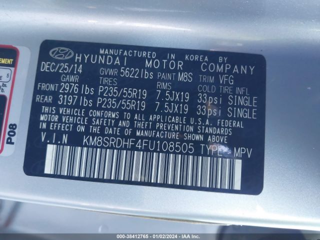 Photo 8 VIN: KM8SRDHF4FU108505 - HYUNDAI SANTA FE 