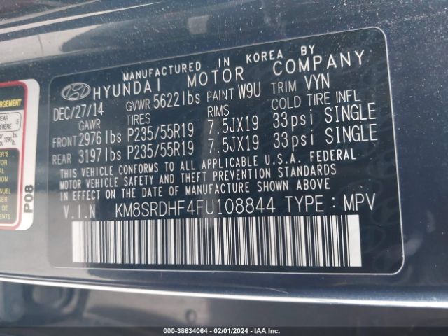 Photo 8 VIN: KM8SRDHF4FU108844 - HYUNDAI SANTA FE 