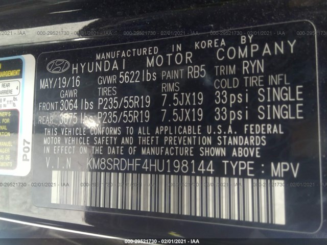 Photo 8 VIN: KM8SRDHF4HU198144 - HYUNDAI SANTA FE 