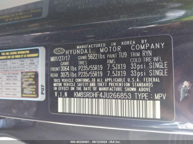 Photo 8 VIN: KM8SRDHF4JU266853 - HYUNDAI SANTA FE 