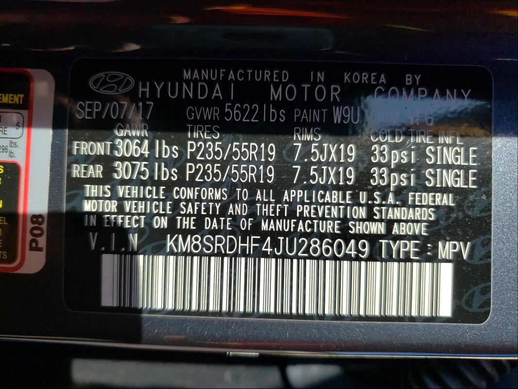 Photo 9 VIN: KM8SRDHF4JU286049 - HYUNDAI SANTA FE S 