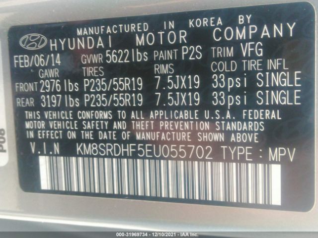 Photo 8 VIN: KM8SRDHF5EU055702 - HYUNDAI SANTA FE 