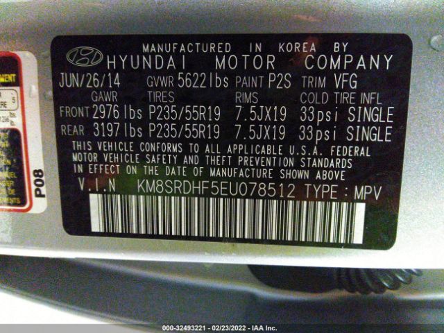 Photo 8 VIN: KM8SRDHF5EU078512 - HYUNDAI SANTA FE 