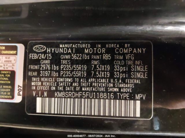 Photo 8 VIN: KM8SRDHF5FU118816 - HYUNDAI SANTA FE 