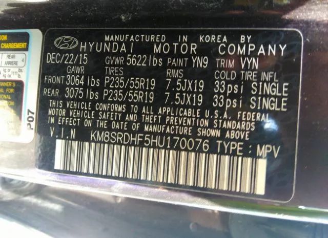 Photo 8 VIN: KM8SRDHF5HU170076 - HYUNDAI SANTA FE 