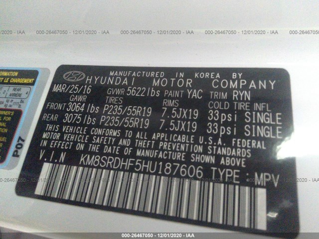 Photo 8 VIN: KM8SRDHF5HU187606 - HYUNDAI SANTA FE 