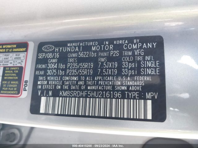 Photo 8 VIN: KM8SRDHF5HU216196 - HYUNDAI SANTA FE 