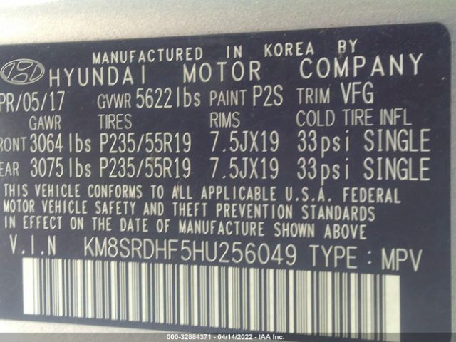 Photo 8 VIN: KM8SRDHF5HU256049 - HYUNDAI SANTA FE 