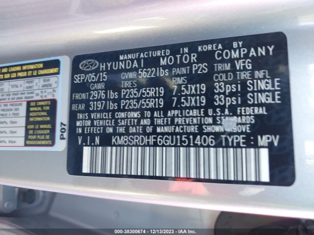 Photo 8 VIN: KM8SRDHF6GU151406 - HYUNDAI SANTA FE 