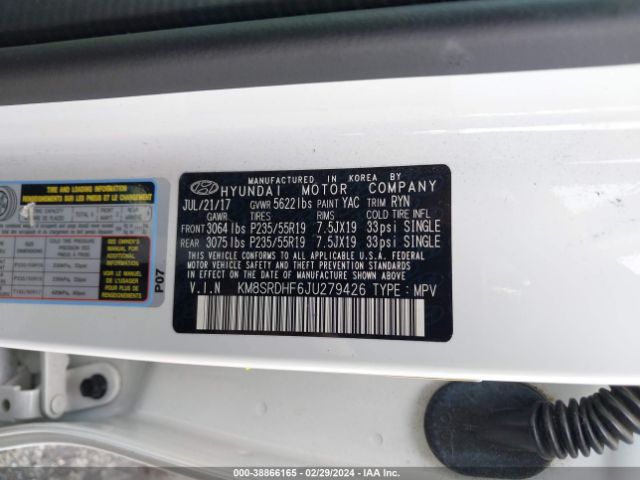 Photo 8 VIN: KM8SRDHF6JU279426 - HYUNDAI SANTA FE 