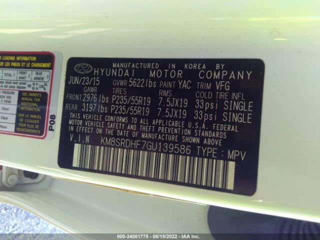 Photo 8 VIN: KM8SRDHF7GU139586 - HYUNDAI SANTA FE 