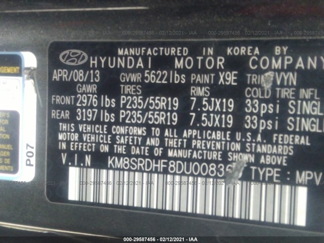 Photo 8 VIN: KM8SRDHF8DU008369 - HYUNDAI SANTA FE 