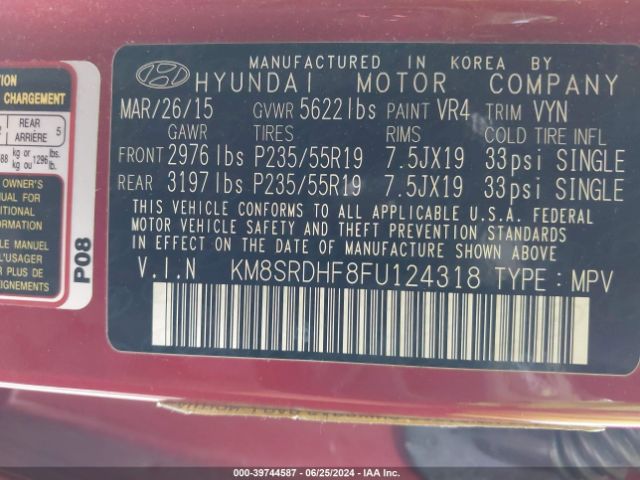 Photo 8 VIN: KM8SRDHF8FU124318 - HYUNDAI SANTA FE 