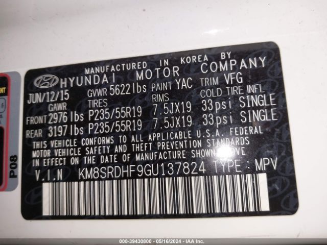 Photo 8 VIN: KM8SRDHF9GU137824 - HYUNDAI SANTA FE 