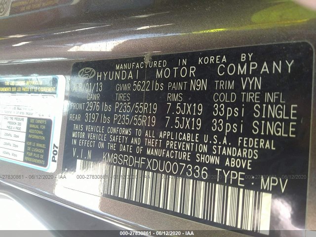 Photo 8 VIN: KM8SRDHFXDU007336 - HYUNDAI SANTA FE 