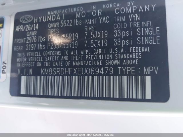 Photo 8 VIN: KM8SRDHFXEU069479 - HYUNDAI SANTA FE 