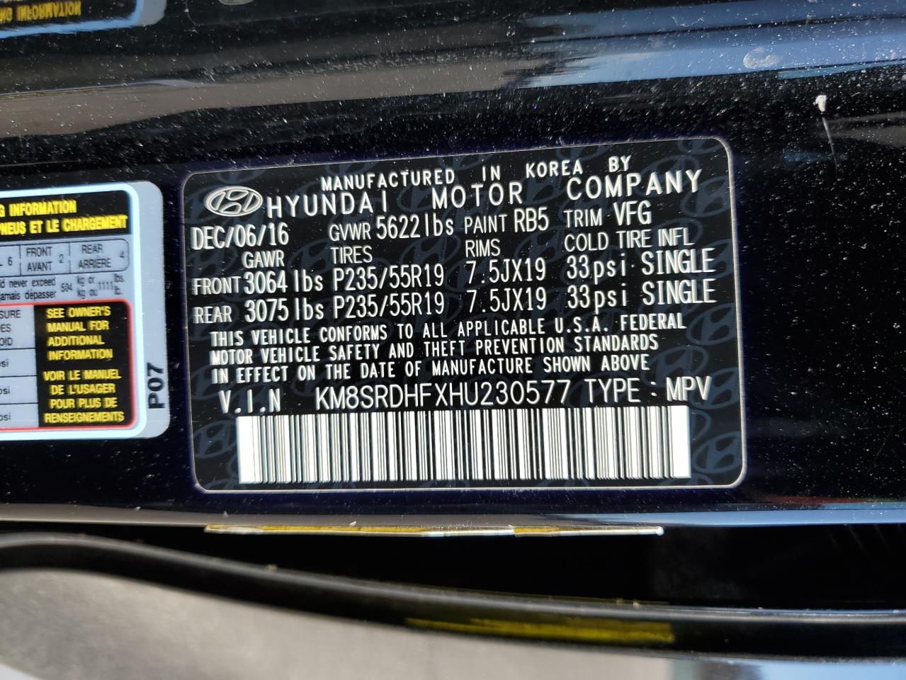 Photo 12 VIN: KM8SRDHFXHU230577 - HYUNDAI SANTA FE 