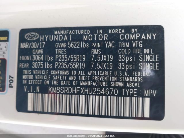 Photo 8 VIN: KM8SRDHFXHU254670 - HYUNDAI SANTA FE 