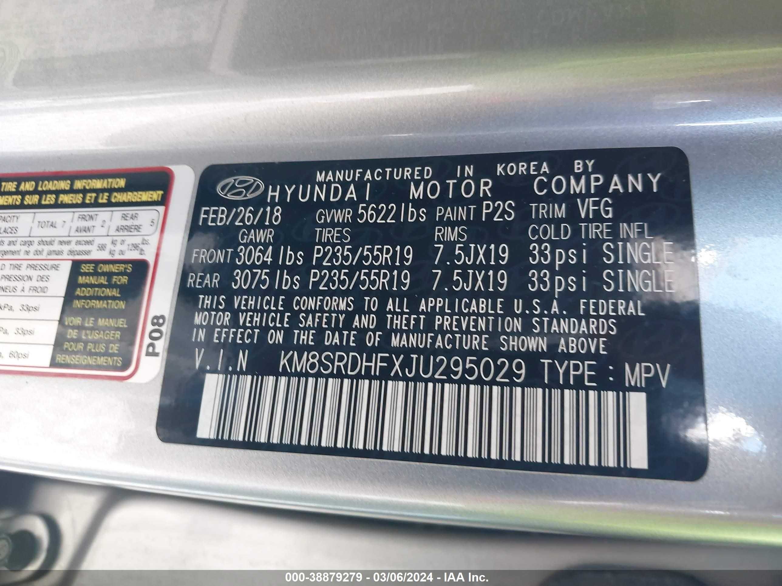 Photo 8 VIN: KM8SRDHFXJU295029 - HYUNDAI SANTA FE 