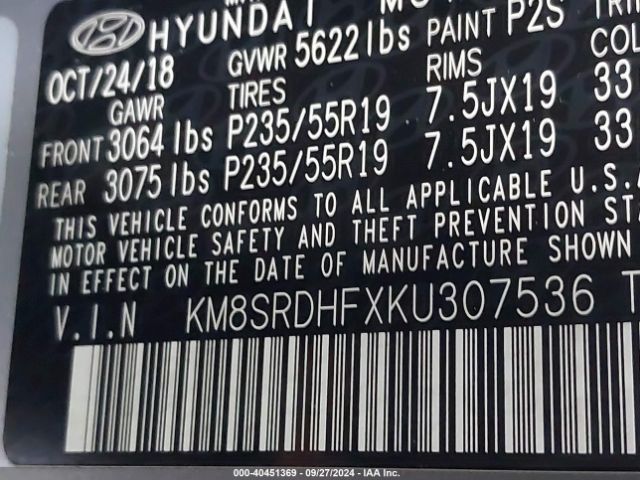 Photo 8 VIN: KM8SRDHFXKU307536 - HYUNDAI SANTA FE XL 