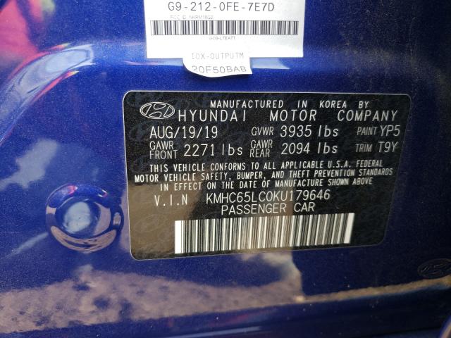 Photo 9 VIN: KMHC65LC0KU179646 - HYUNDAI IONIQ BLUE 