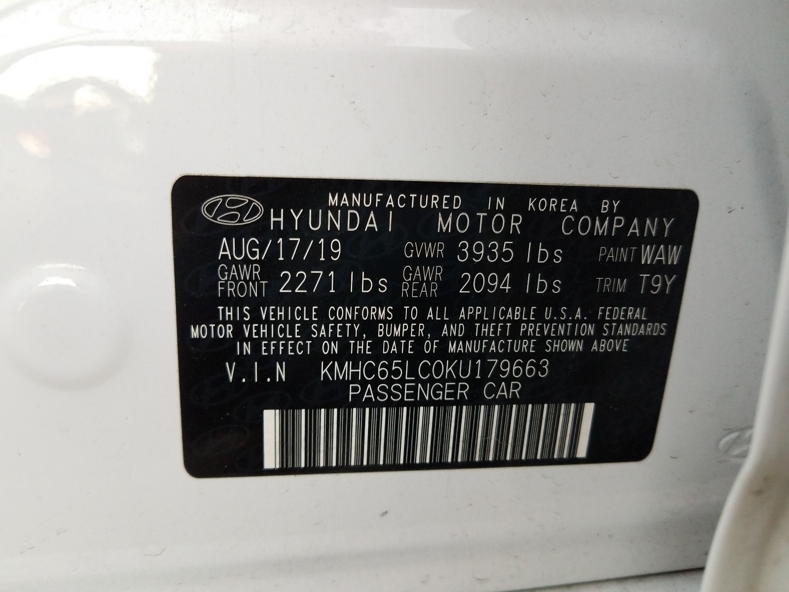 Photo 9 VIN: KMHC65LC0KU179663 - HYUNDAI IONIQ BLUE 