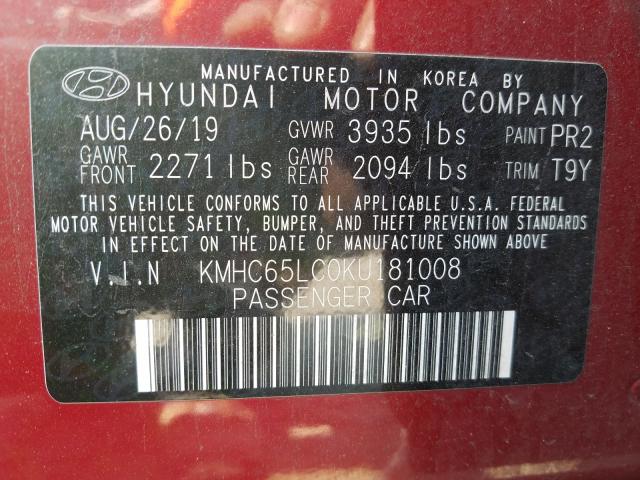 Photo 9 VIN: KMHC65LC0KU181008 - HYUNDAI IONIQ BLUE 