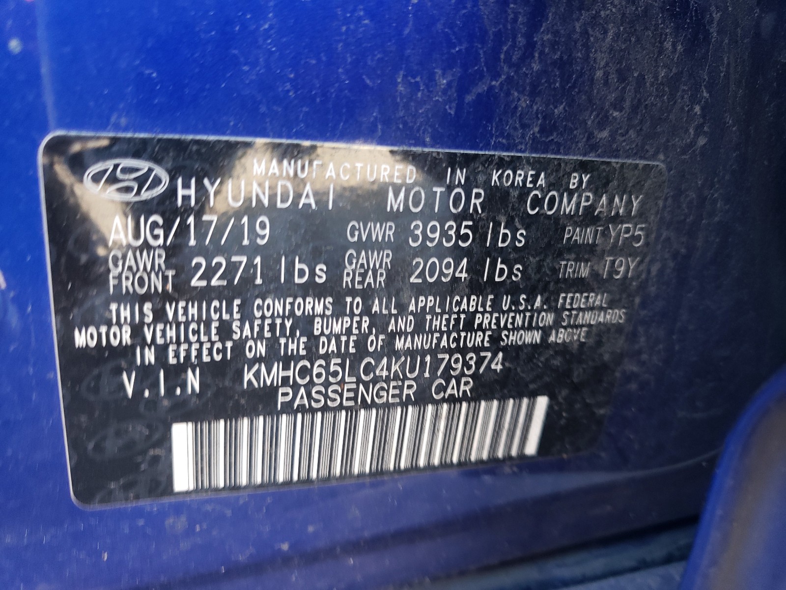 Photo 9 VIN: KMHC65LC4KU179374 - HYUNDAI IONIQ BLUE 