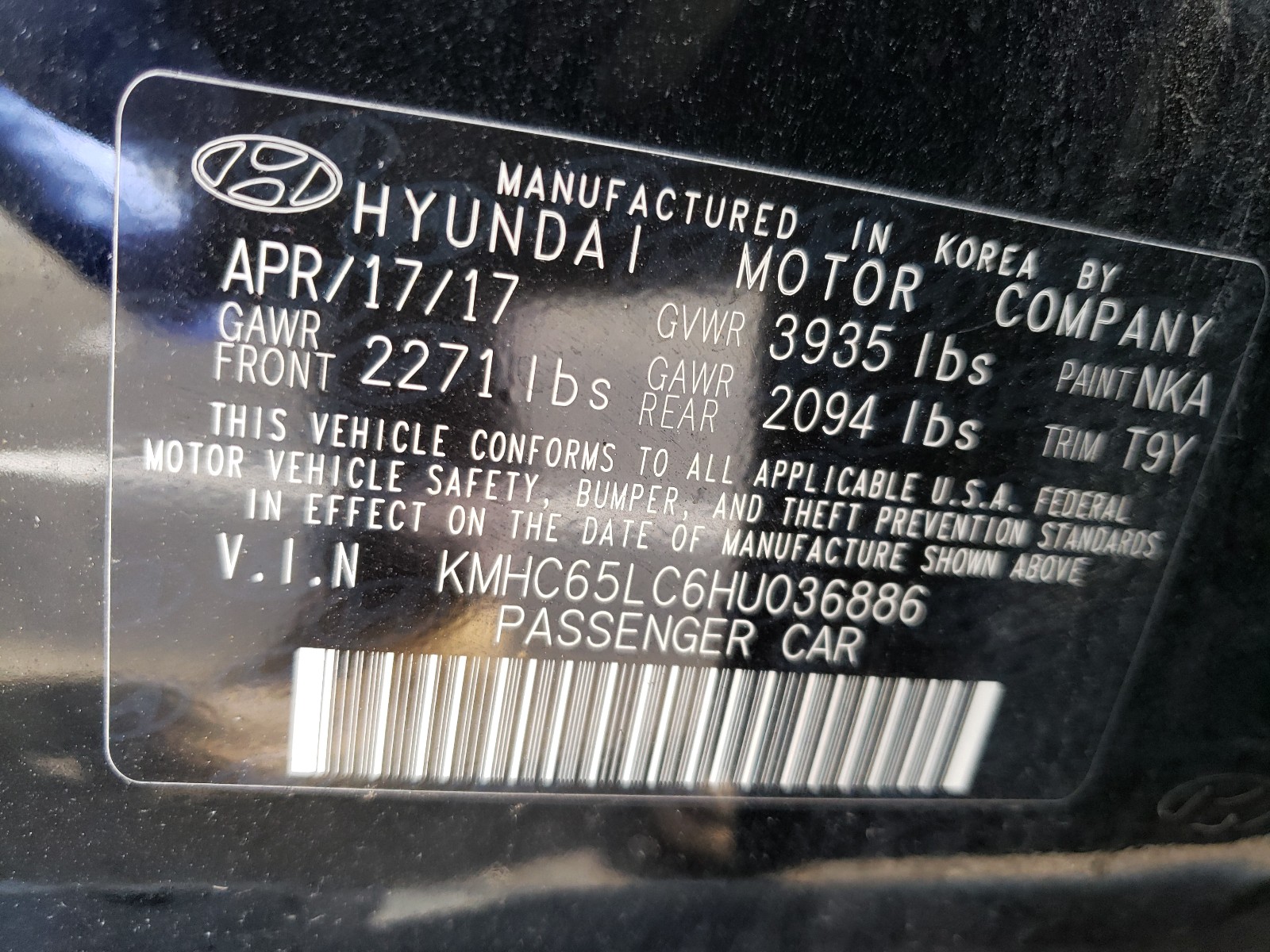 Photo 9 VIN: KMHC65LC6HU036886 - HYUNDAI IONIQ BLUE 