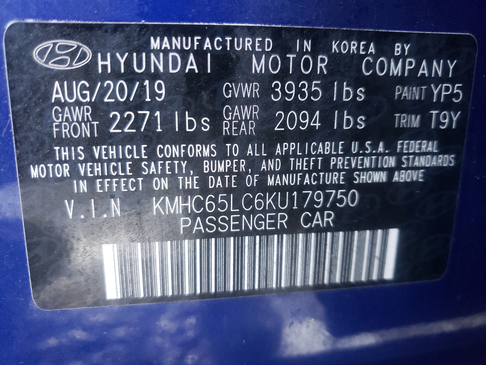 Photo 9 VIN: KMHC65LC6KU179750 - HYUNDAI IONIQ BLUE 