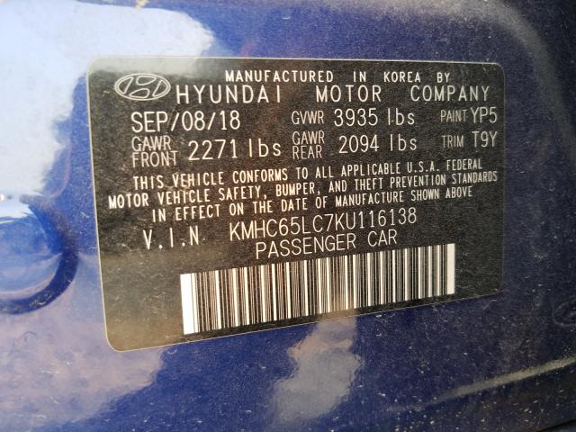 Photo 9 VIN: KMHC65LC7KU116138 - HYUNDAI IONIQ BLUE 