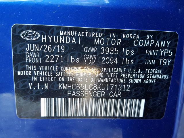 Photo 9 VIN: KMHC65LC8KU171312 - HYUNDAI IONIQ BLUE 