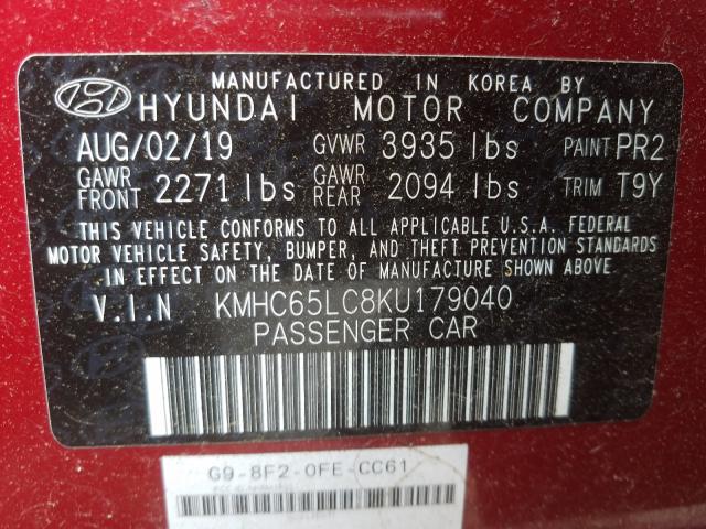 Photo 9 VIN: KMHC65LC8KU179040 - HYUNDAI IONIQ BLUE 