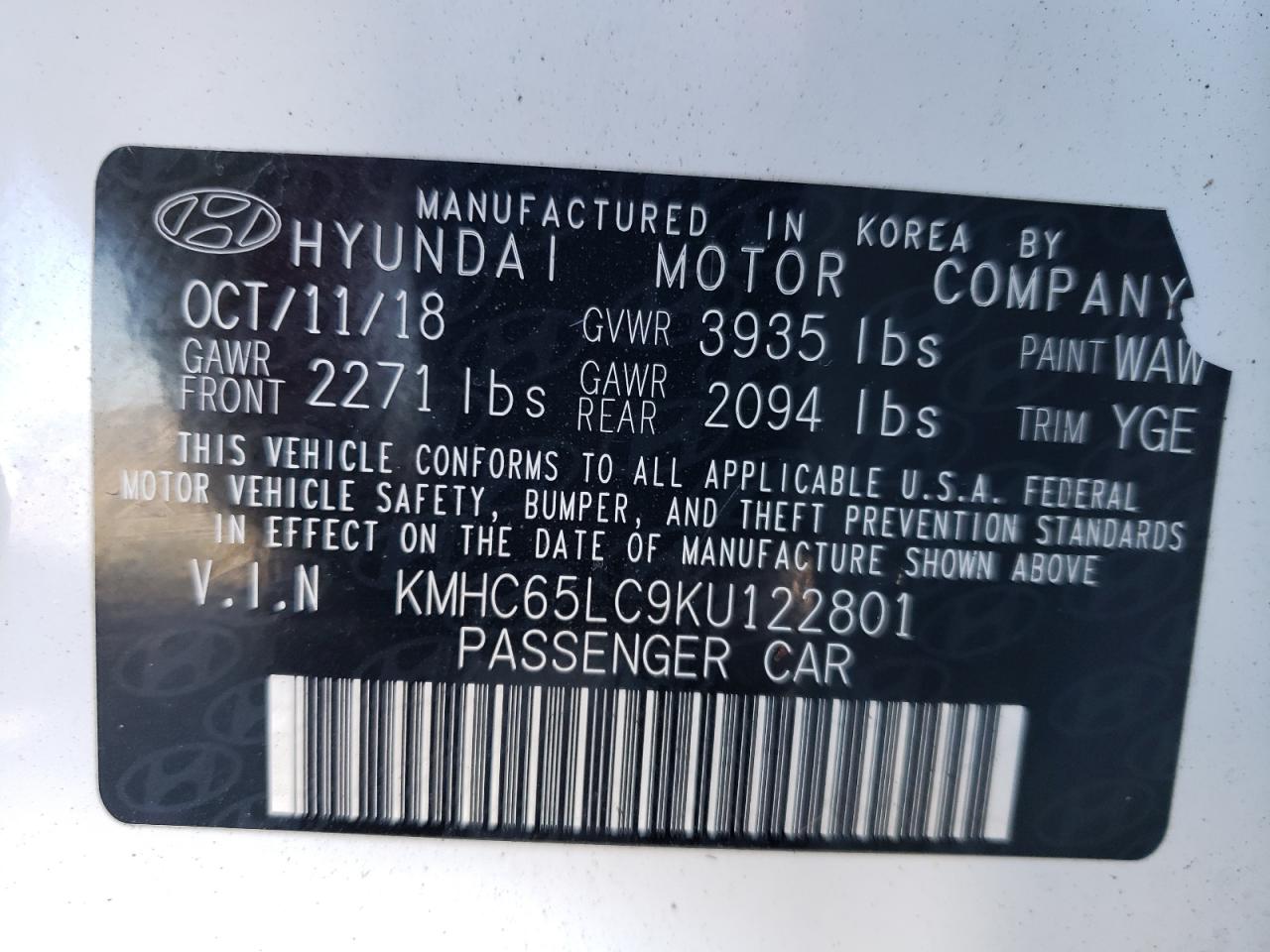 Photo 11 VIN: KMHC65LC9KU122801 - HYUNDAI IONIQ 