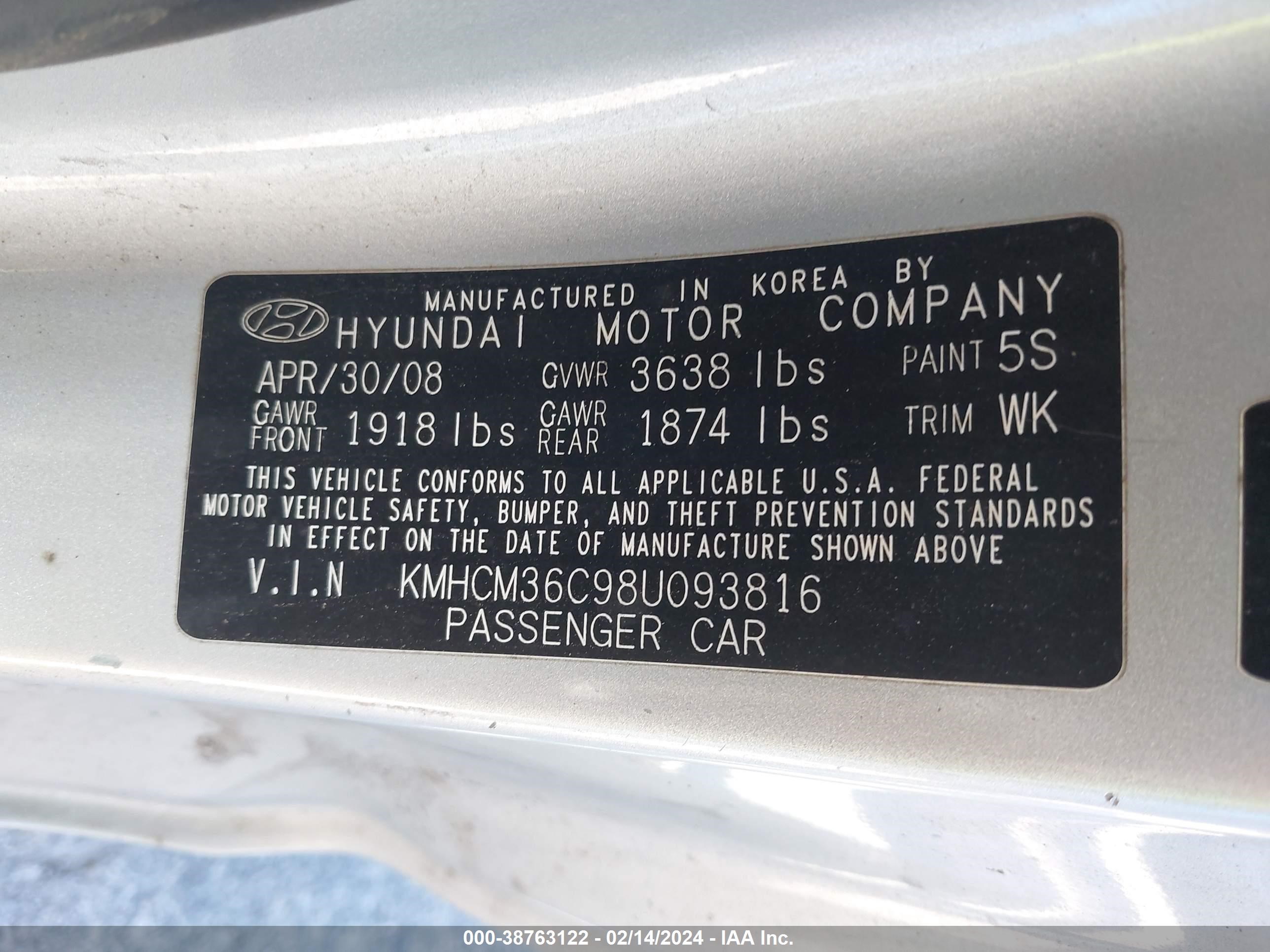 Photo 8 VIN: KMHCM36C98U093816 - HYUNDAI ACCENT 