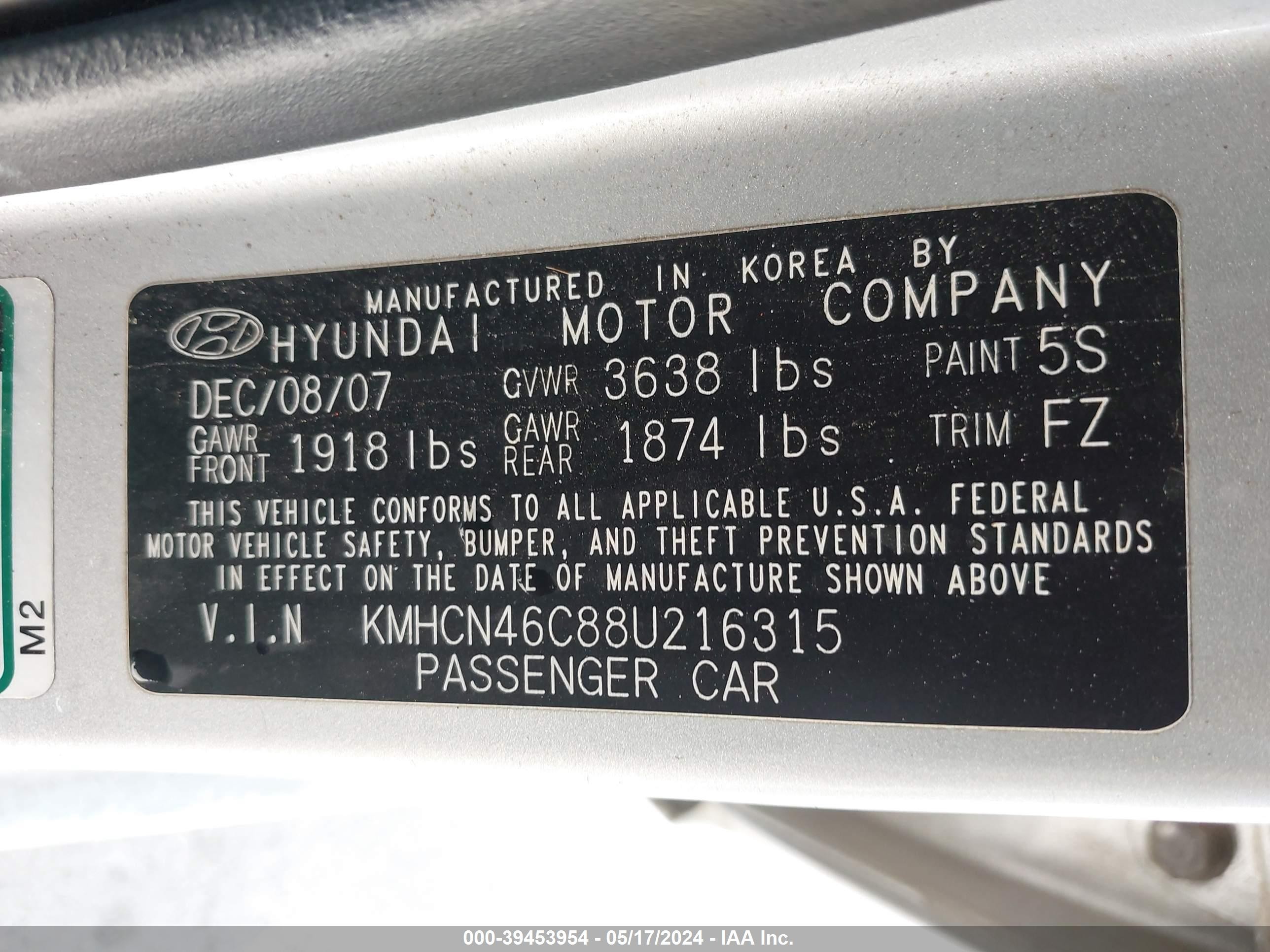 Photo 8 VIN: KMHCN46C88U216315 - HYUNDAI ACCENT 