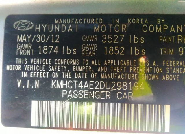 Photo 8 VIN: KMHCT4AE2DU298194 - HYUNDAI ACCENT 