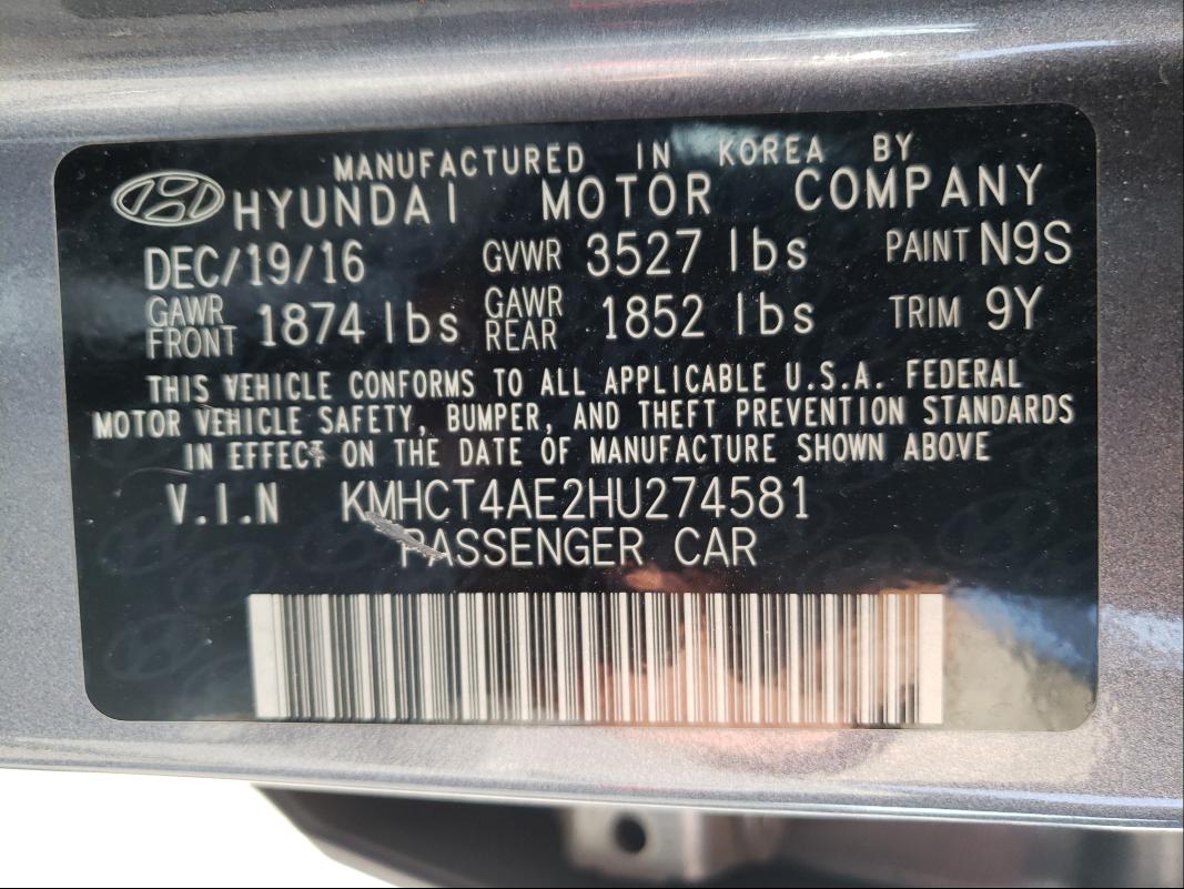 Photo 9 VIN: KMHCT4AE2HU274581 - HYUNDAI ACCENT SE 