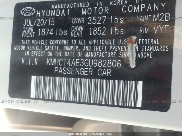 Photo 8 VIN: KMHCT4AE3GU982806 - HYUNDAI ACCENT 