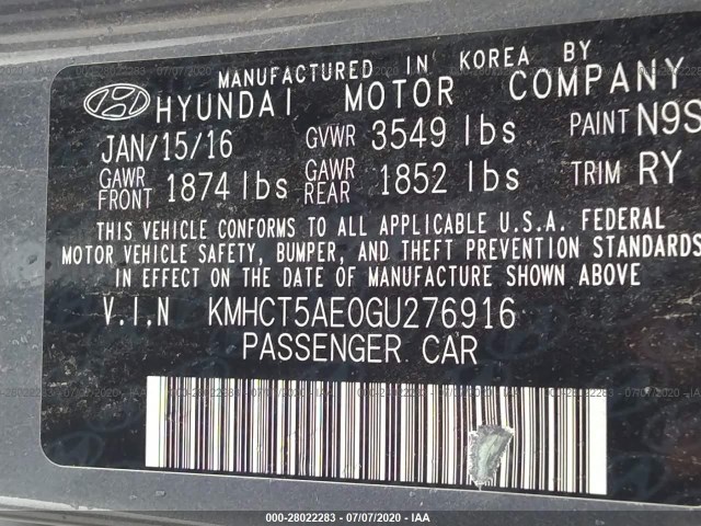 Photo 8 VIN: KMHCT5AE0GU276916 - HYUNDAI ACCENT 