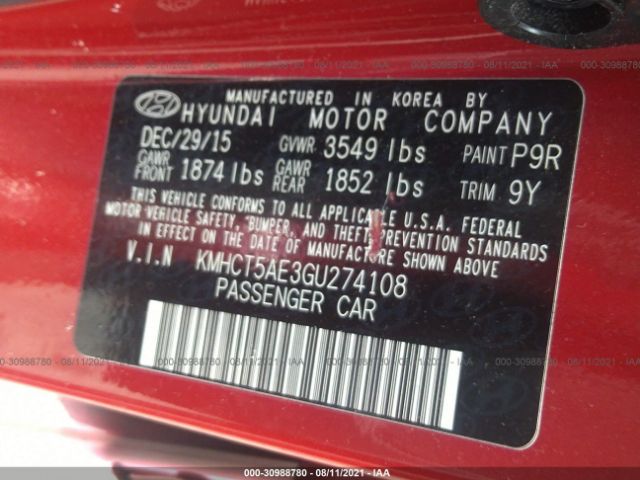 Photo 8 VIN: KMHCT5AE3GU274108 - HYUNDAI ACCENT 