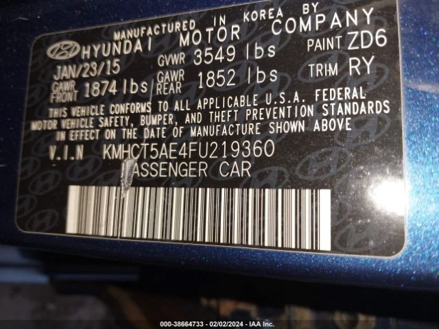 Photo 8 VIN: KMHCT5AE4FU219360 - HYUNDAI ACCENT 