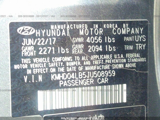 Photo 8 VIN: KMHD04LB5JU508959 - HYUNDAI ELANTRA 